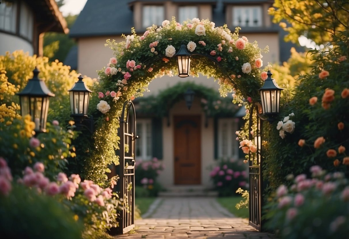 A charming garden gate adorned with blooming flowers and hanging lanterns welcomes guests to a cozy home