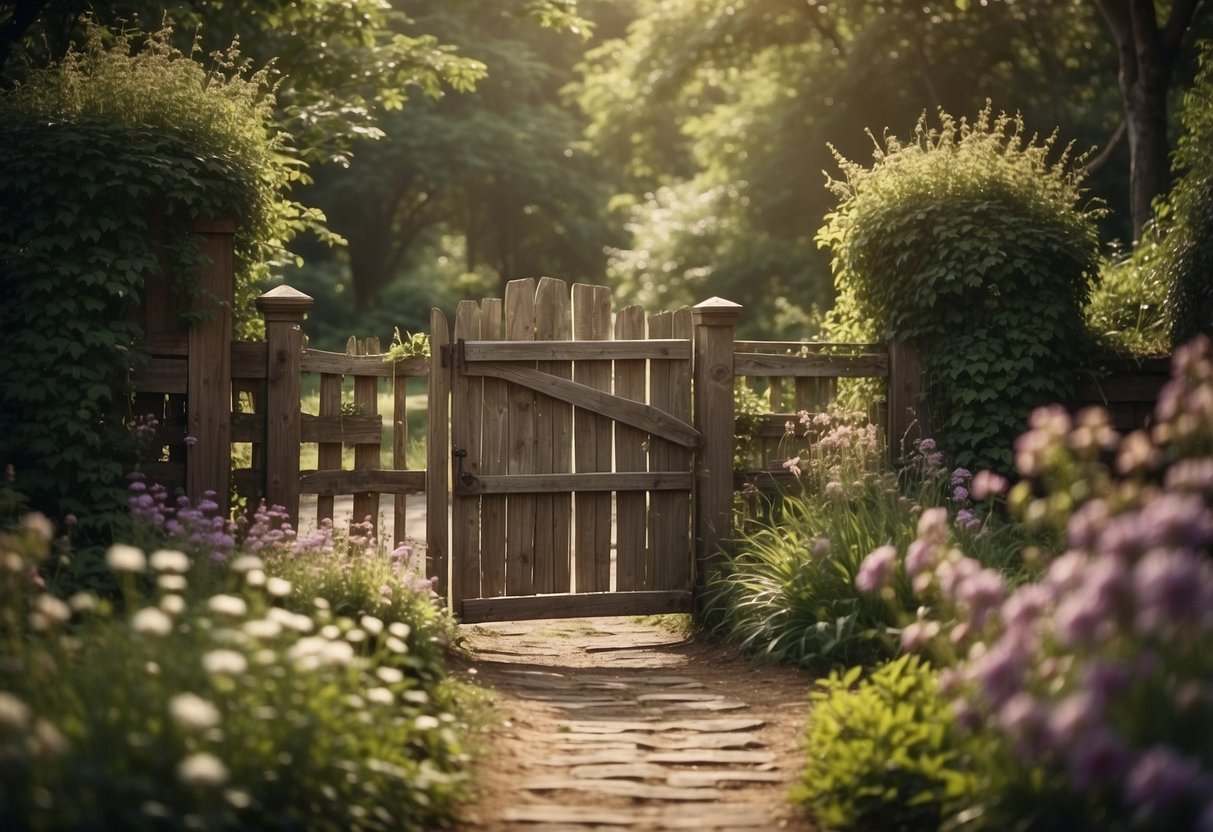 A weathered wooden gate adorned with rustic charm, surrounded by lush greenery and blooming flowers