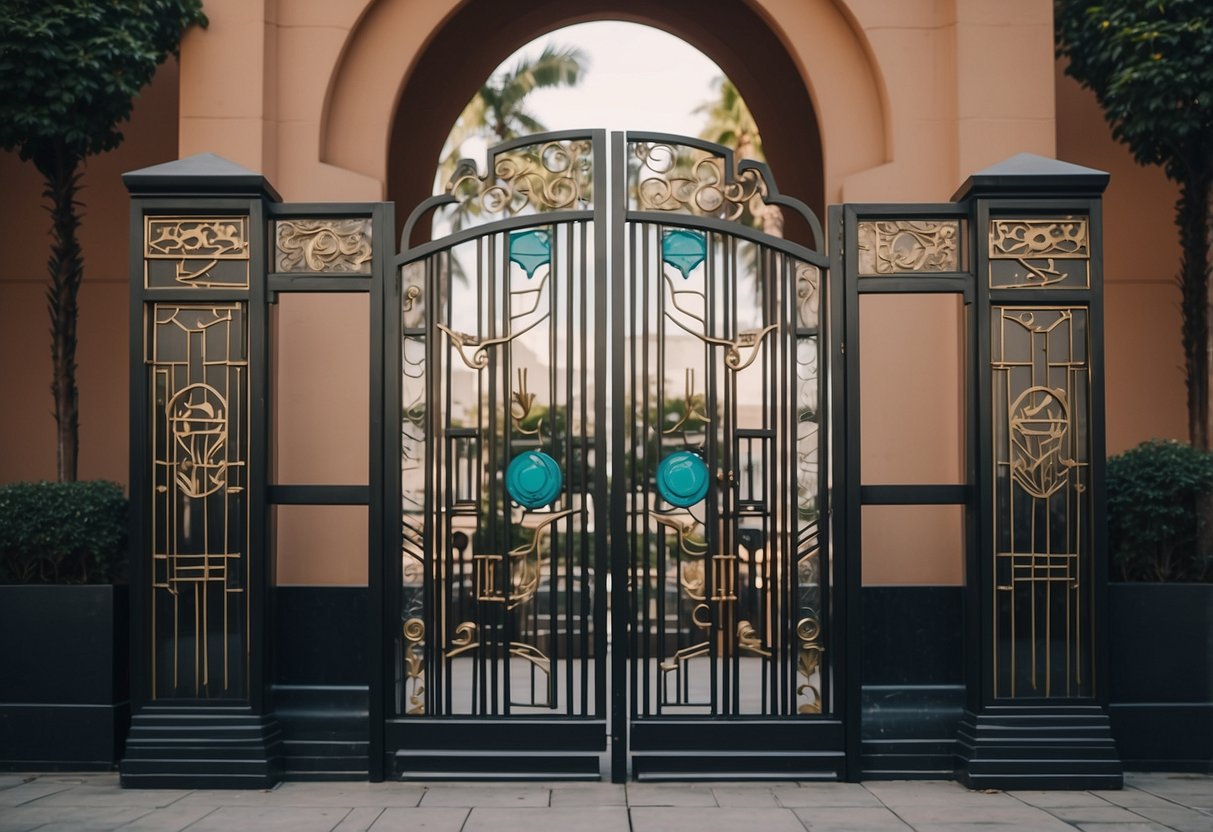 An ornate Art Deco gate adorned with geometric patterns and sleek lines, flanked by symmetrical pillars with sleek, angular designs