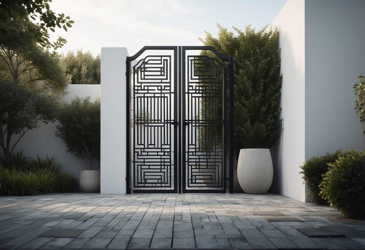 A sleek, black gate stands against a white wall, adorned with minimalist geometric designs. Surrounding greenery adds contrast to the modern aesthetic