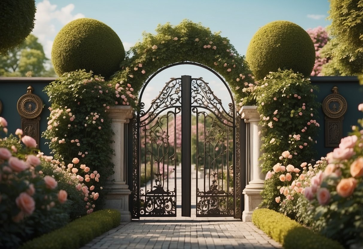 A grand garden gate stands adorned with intricate designs, surrounded by lush foliage and blooming flowers