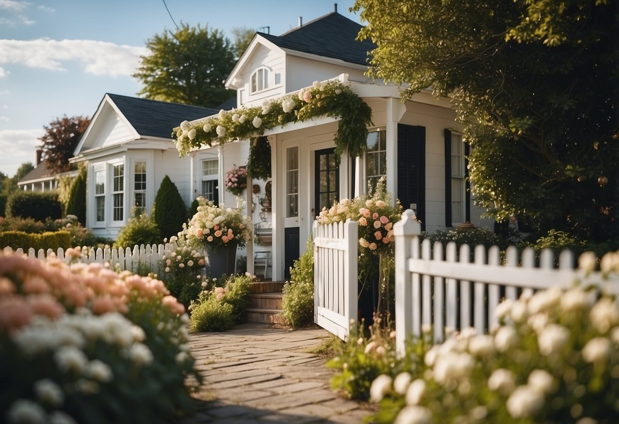 A classic white picket home with blooming flower beds and a charming gate adorned with hanging baskets and a welcoming wreath