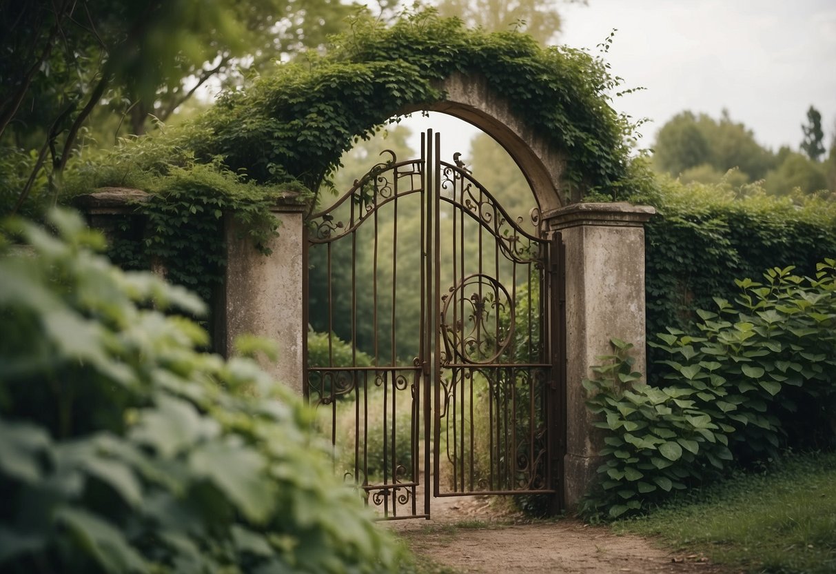 A weathered arched gate stands adorned with vintage decor, surrounded by overgrown greenery