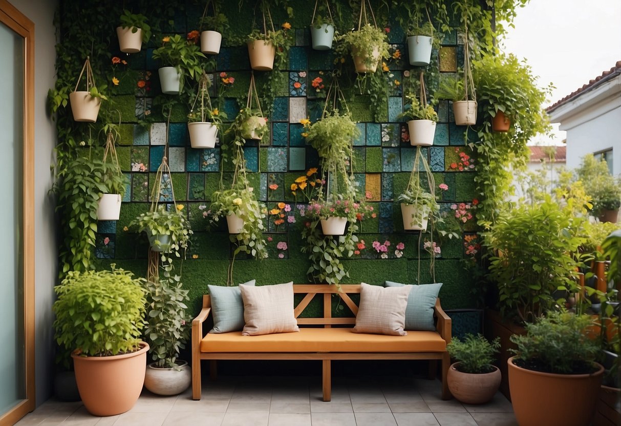 A garden wall adorned with climbing vines and hanging planters, accented with colorful ceramic tiles and a cozy seating area