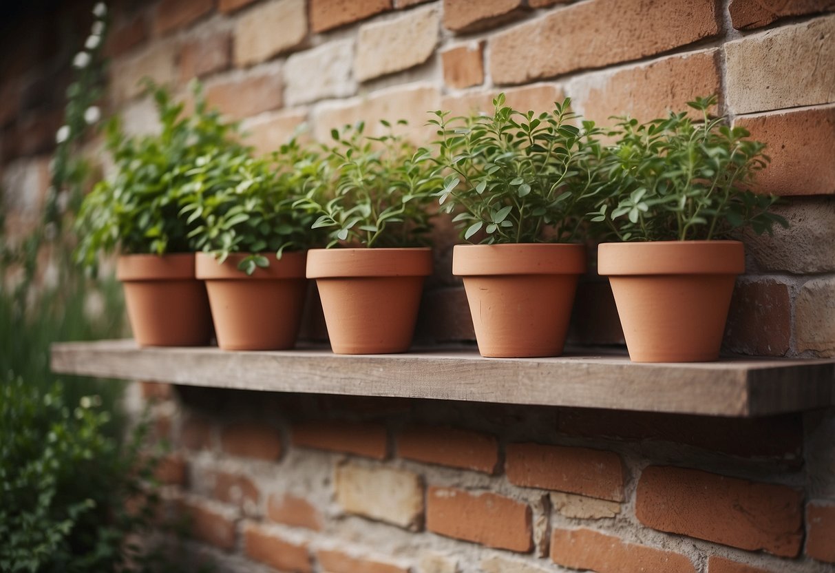 Terracotta pots hang on wooden shelves against a garden wall, adding a rustic touch to the home decor