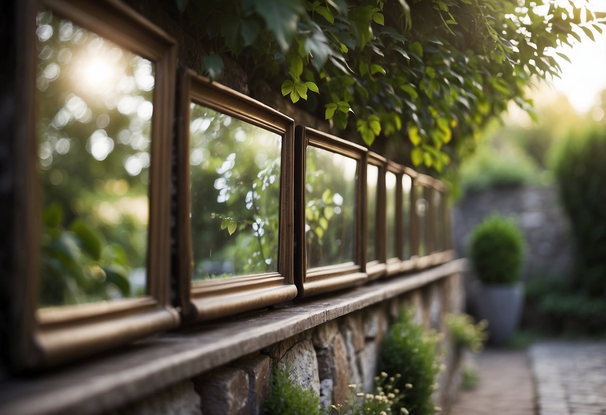 An old, weathered garden wall adorned with antique rustic mirrors, adding a touch of vintage charm to the outdoor home decor