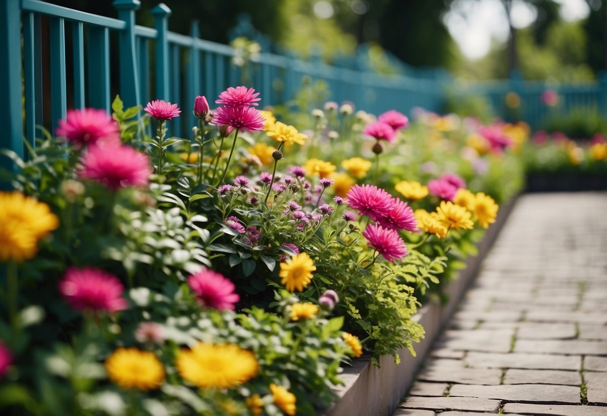 A metal art garden wall with geometric shapes and patterns, surrounded by lush greenery and colorful flowers