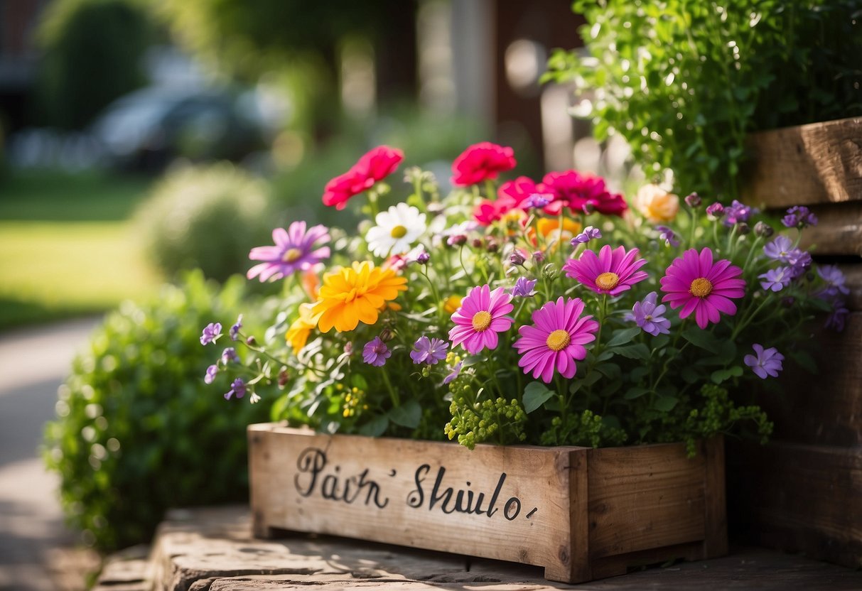 Vibrant flowers burst from a rustic planter, surrounded by lush greenery and a whimsical garden sign