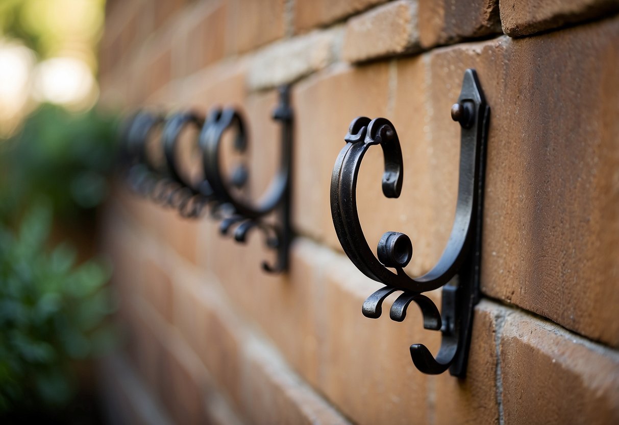 Wrought iron wall hooks adorn a garden wall, adding a rustic touch to the outdoor home decor