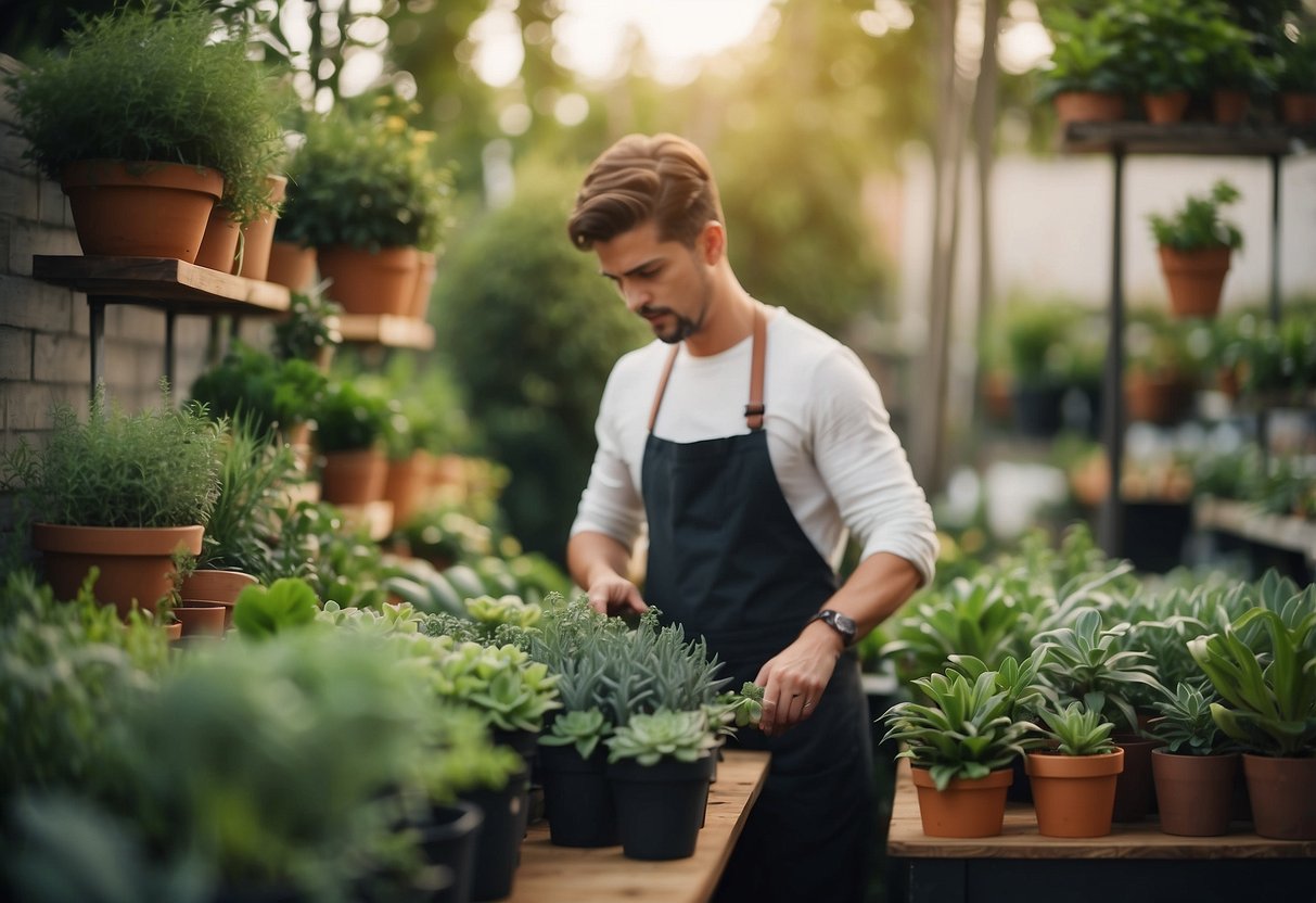 A person selecting plants, pots, and decor for a garden wall