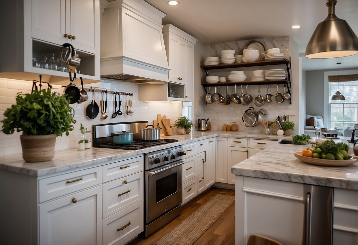 A galley kitchen with white cabinets, marble countertops, and stainless steel appliances. A hanging pot rack and open shelving display decorative dishes and cookware