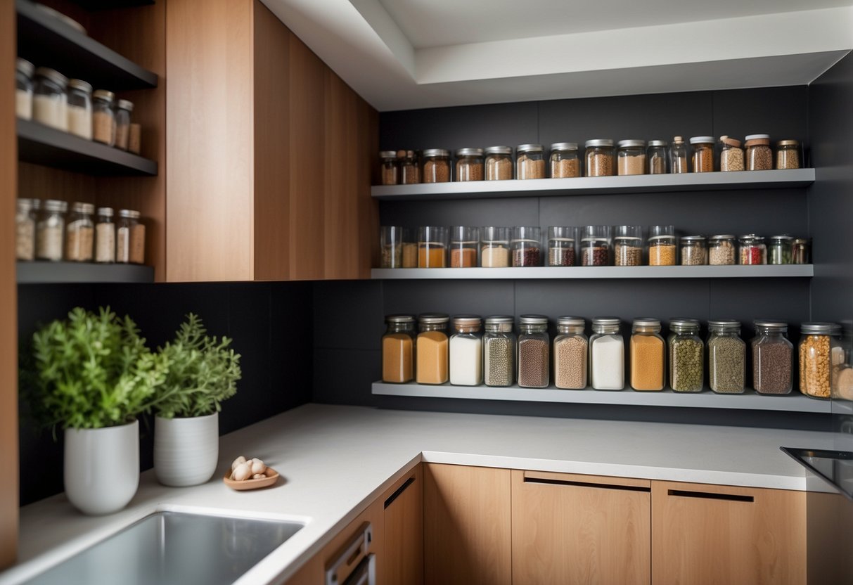 A small galley kitchen with a built-in spice rack on the wall, neatly organized with various spices and jars. The kitchen is bright and clean, with modern decor and minimalistic design