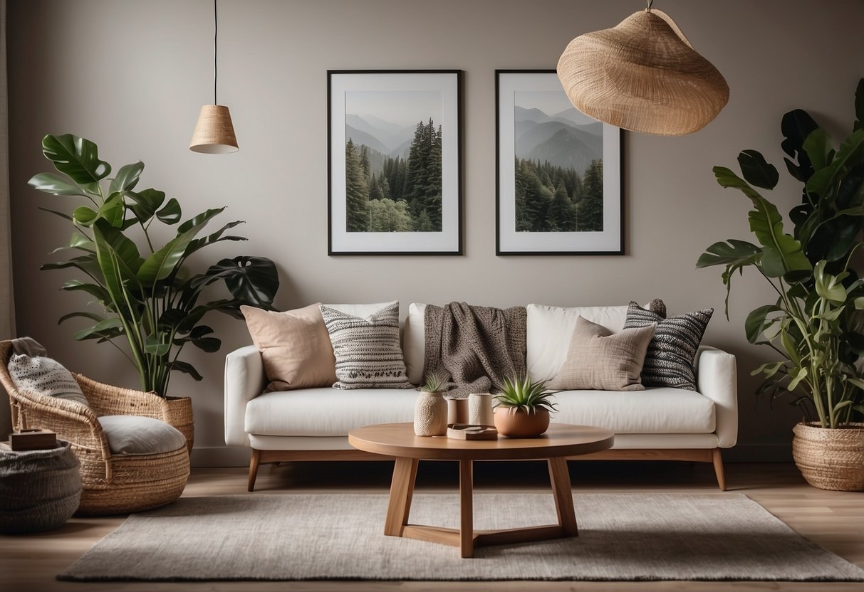 A cozy living room with minimalist furniture, plants, and warm lighting. A gallery wall of art and photos, and a mix of textures and patterns