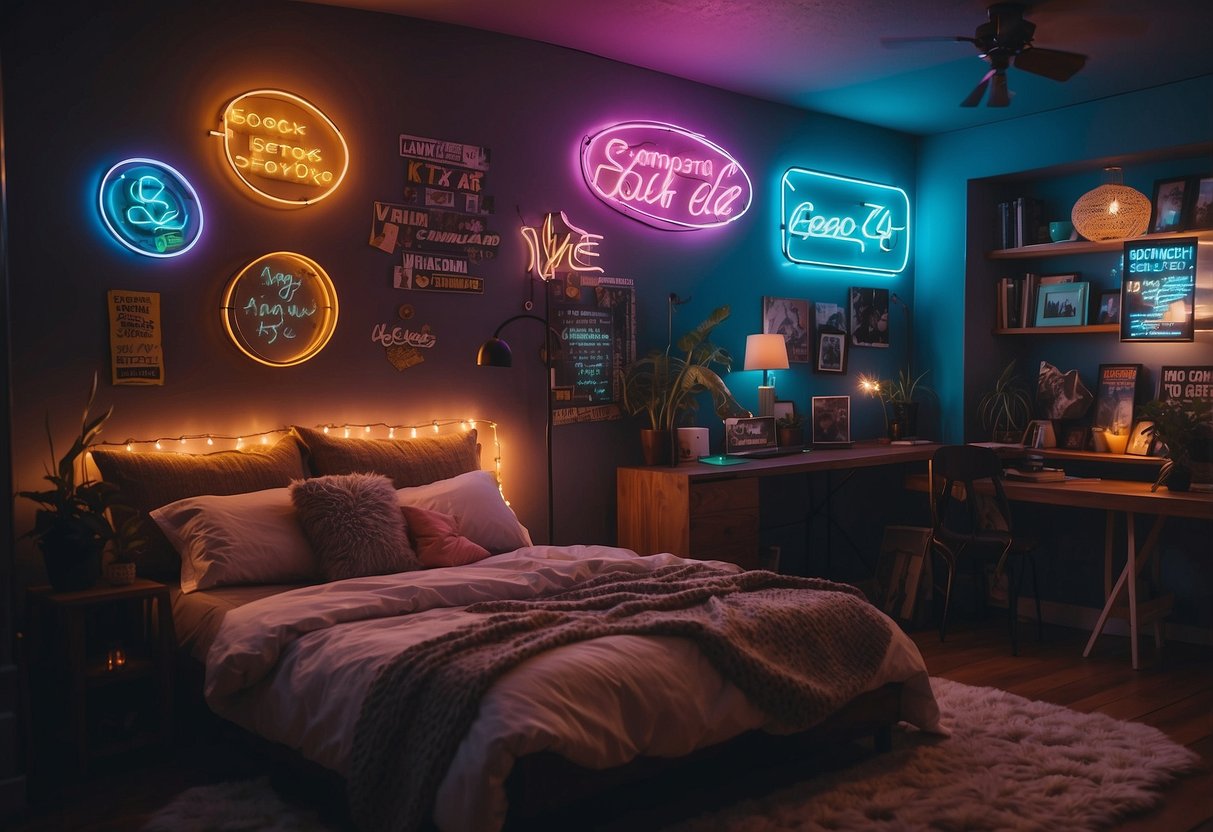 A cozy room with neon signs illuminating the walls, showcasing trendy Gen Z home decor ideas