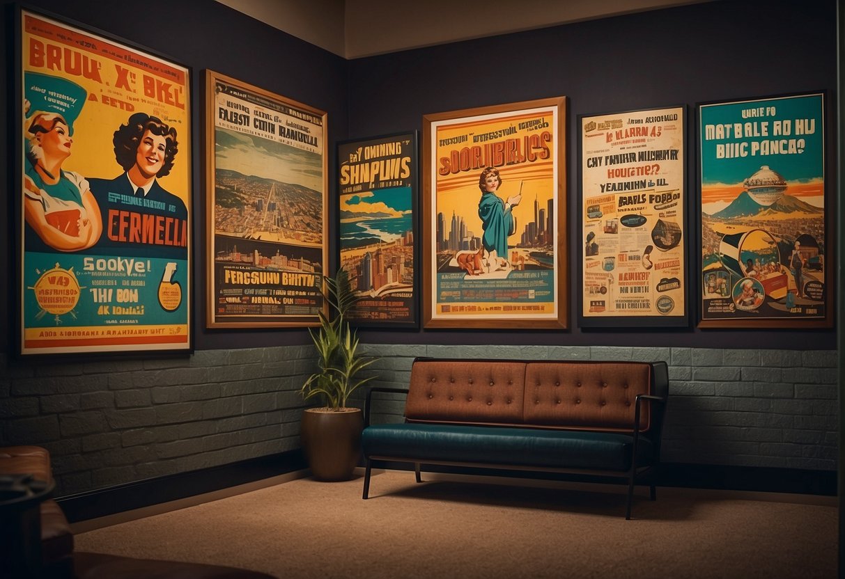 Colorful vintage posters adorn the walls, creating a retro vibe. A mix of typography and graphic illustrations adds personality to the space