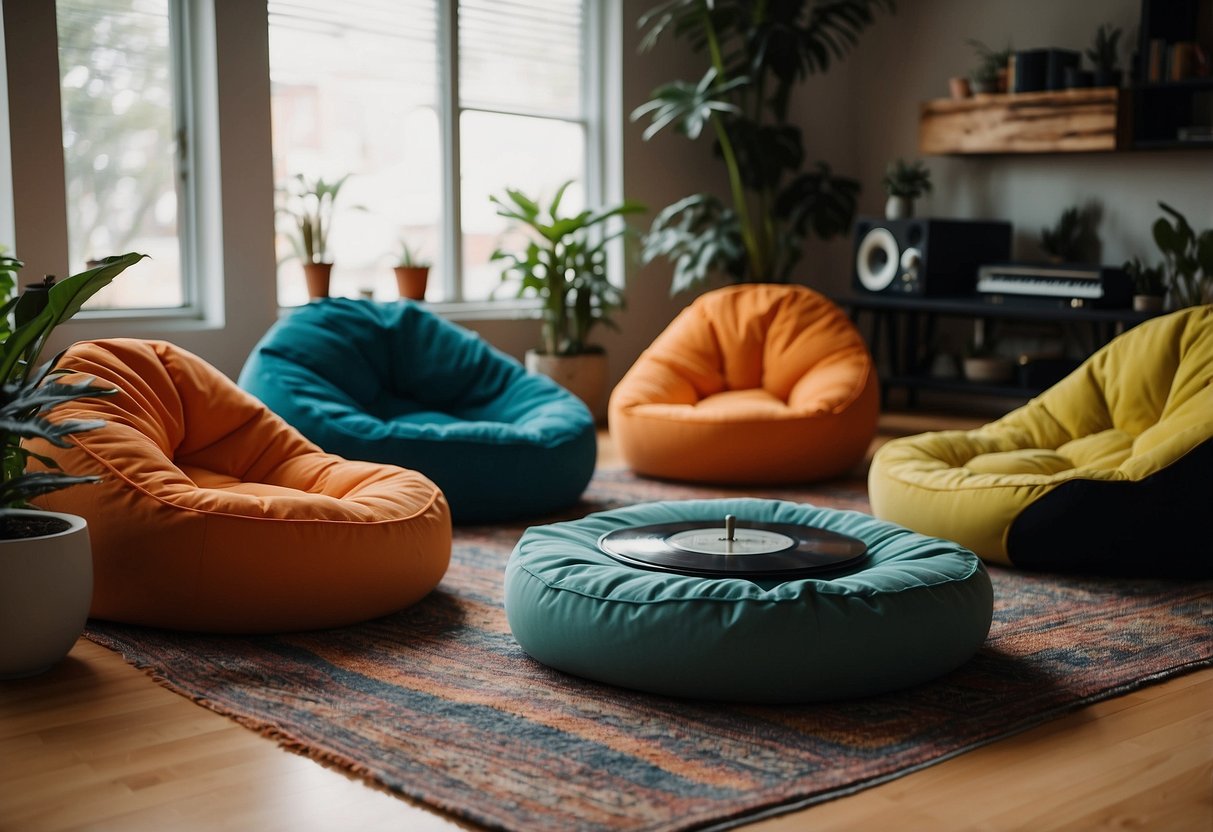 Bean bag chairs scattered around a cozy living room, with vibrant colors and modern patterns. A record player and plants add to the trendy, laid-back atmosphere