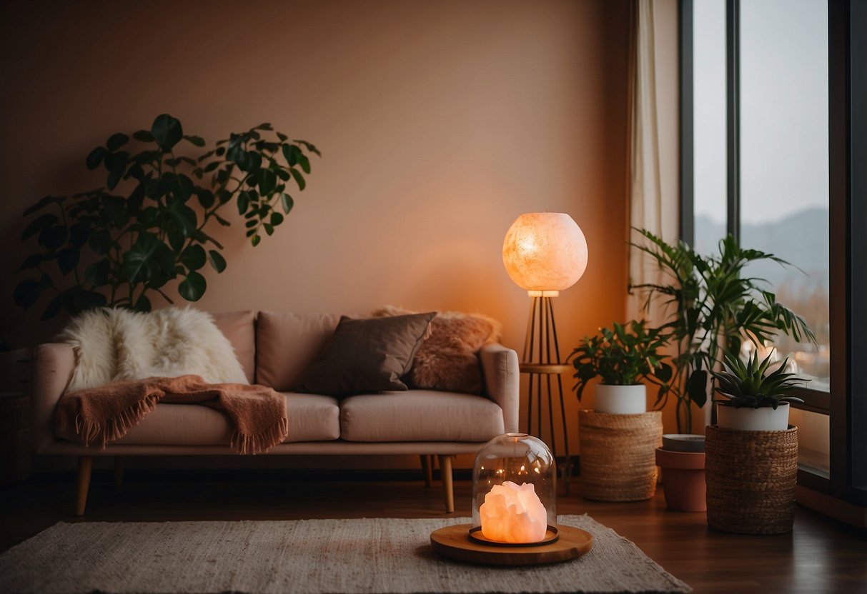 A cozy living room with a Himalayan salt lamp as the focal point, casting a warm, soothing glow. Modern decor accents and plants add to the Gen Z vibe