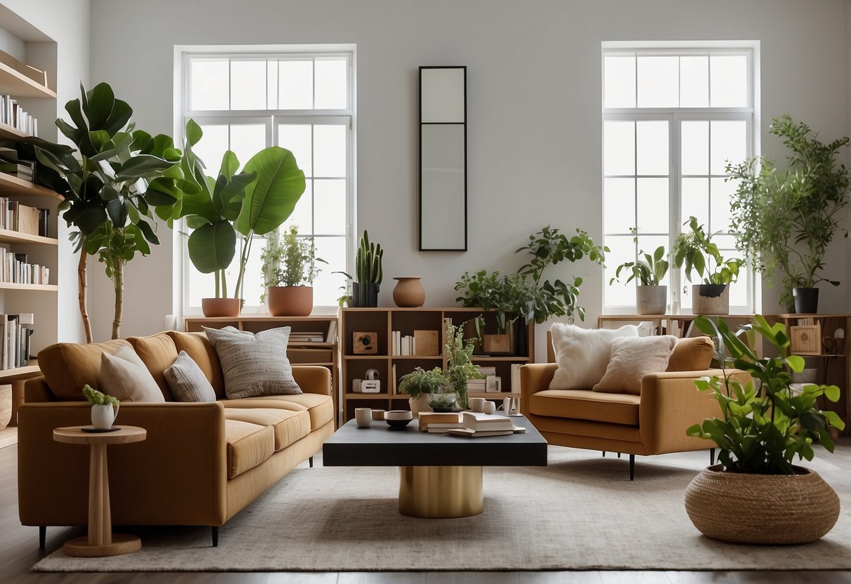 A modern living room with geometric shelves displaying plants, books, and decor. Clean lines and minimalist design reflect Gen Z home decor trends