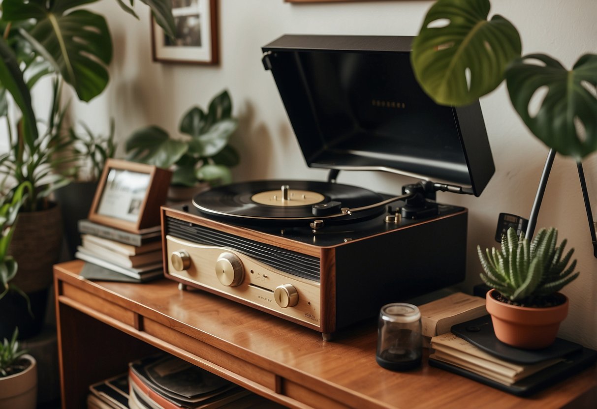 A retro record player sits on a mid-century modern sideboard, surrounded by vintage vinyl records and a collection of potted plants