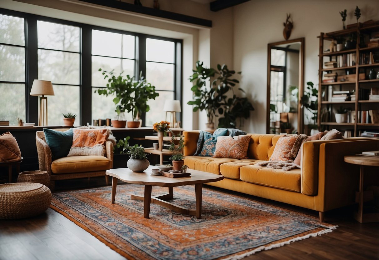 A cozy living room with a colorful boho rug as the focal point, surrounded by modern furniture and vibrant decor