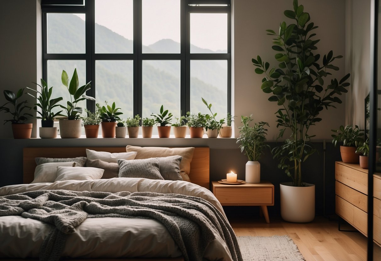 A cozy bedroom with minimalist furniture, plants, and warm lighting. Abstract art and vintage decor add a touch of individuality