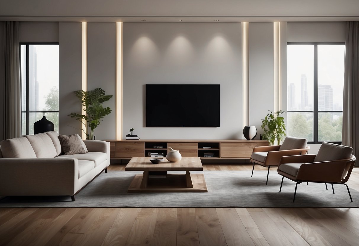 A modern living room with smart home devices, LED lighting, and digital art displays. Minimalist furniture with integrated charging stations and voice-controlled appliances