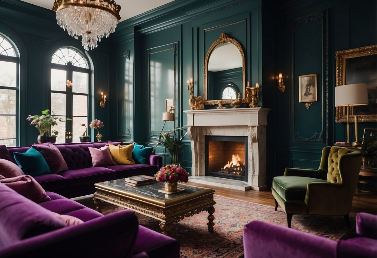 A cozy living room with ornate crown molding, elegant chandeliers, and plush velvet furniture in rich jewel tones. A fireplace with intricate marble surround and decorative wall sconces complete the Georgian style decor