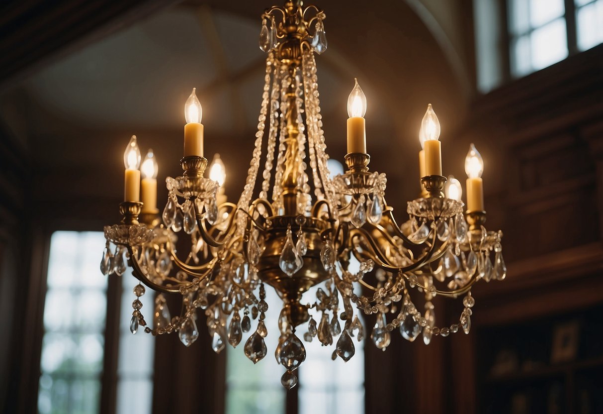 A grand vintage chandelier hangs from the ceiling of a Georgian-style home, casting a warm and elegant glow over the ornate decor