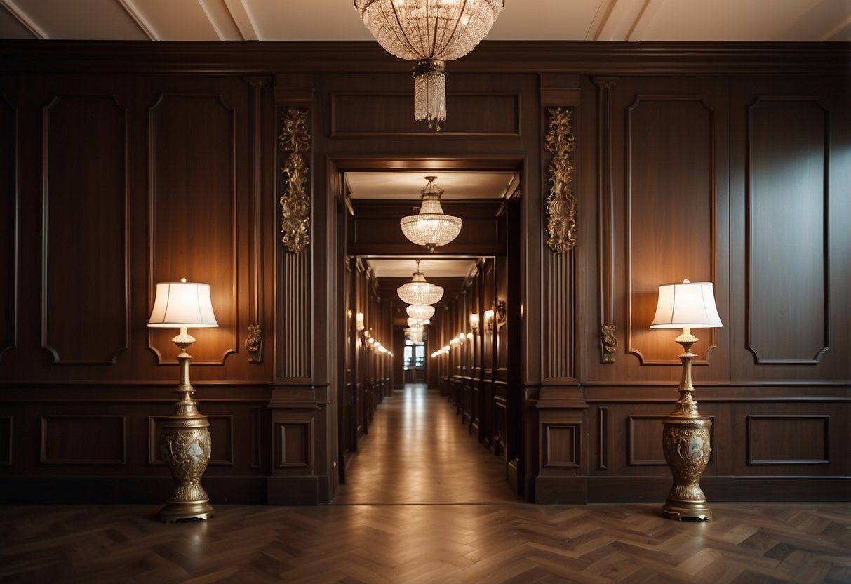 A grand hallway with ornate Georgian wall sconces casting warm light on rich wood paneling and intricate moldings