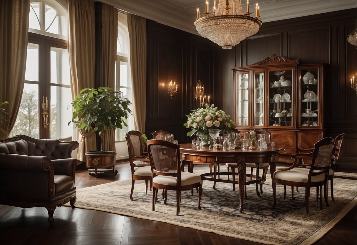 A grand Georgian-style room filled with mahogany furniture and elegant decor. Rich wood tones and classic design elements create a timeless and luxurious atmosphere