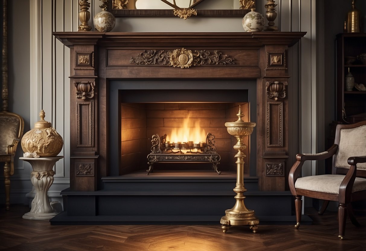 A grand Georgian-style fireplace mantel adorned with antique decor, including ornate candlesticks and a vintage clock, serves as the focal point of the elegant living room