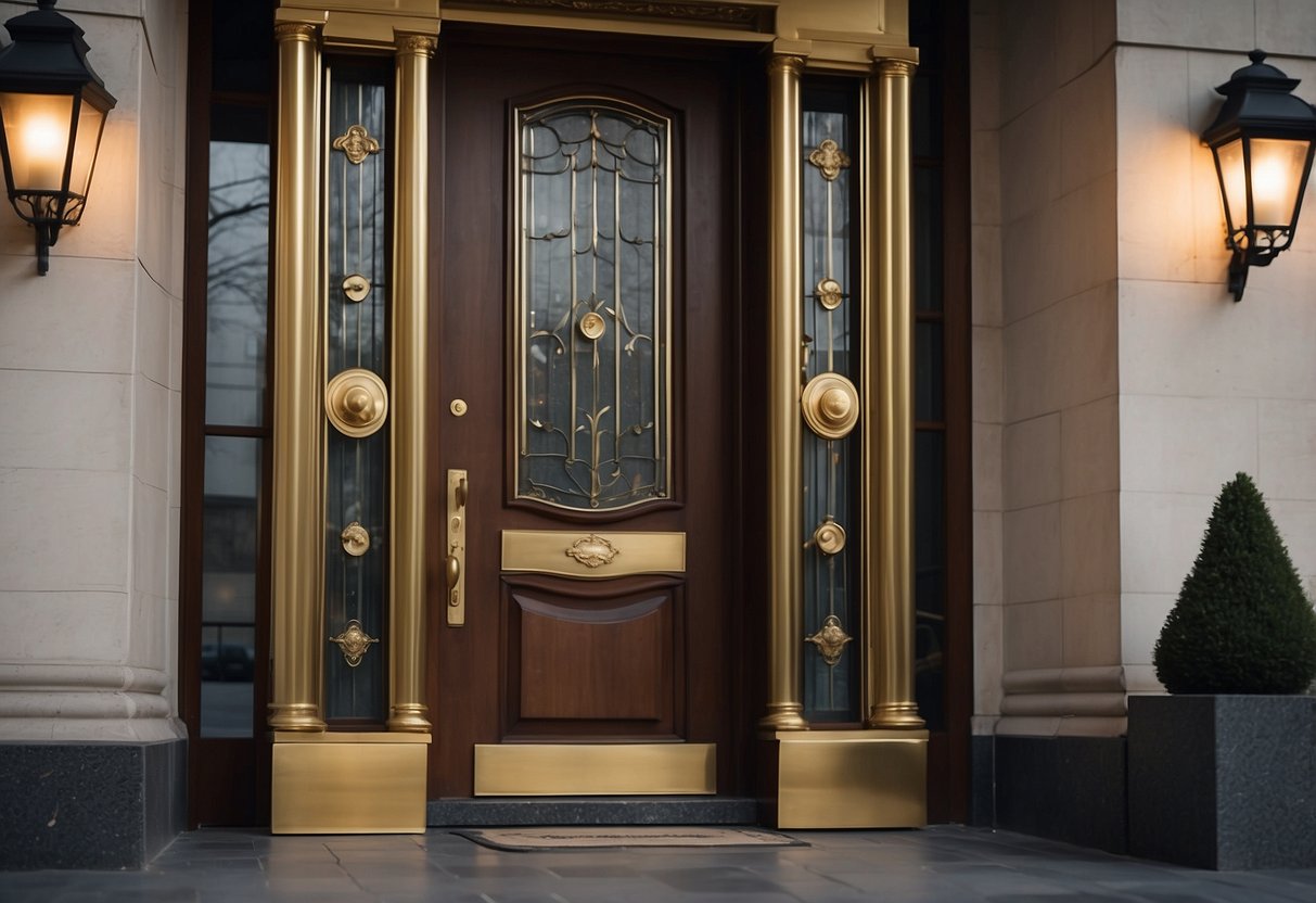 A grand entrance with brass door knobs and pulls, set against a Georgian-style door, exuding elegance and sophistication