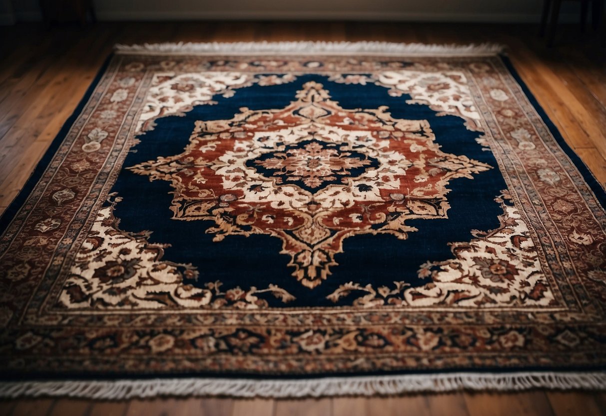 A Persian rug lies in the center of a Georgian-style home, adding warmth and elegance to the decor. Rich colors and intricate patterns create a luxurious atmosphere