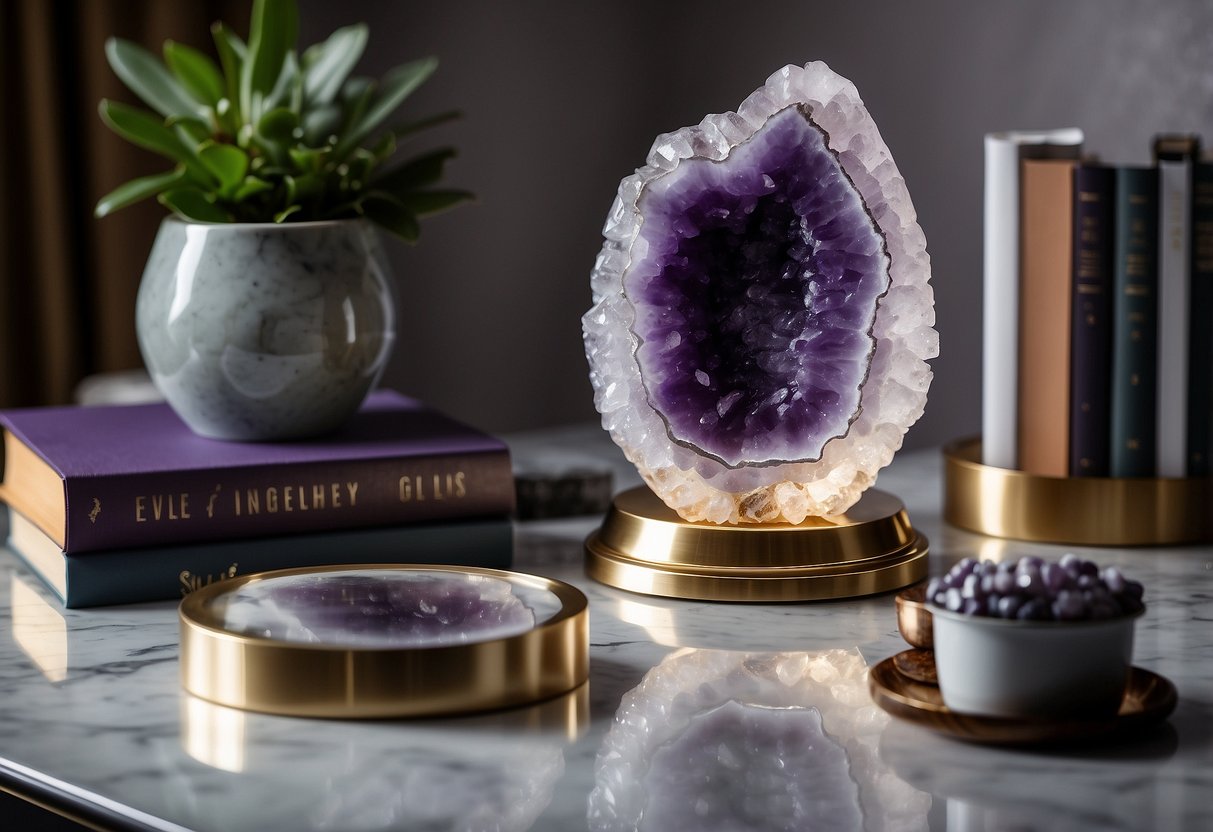 A room with gemstone-themed decor: a shimmering amethyst geode lamp, agate coasters, and a quartz crystal bookend on a marble table