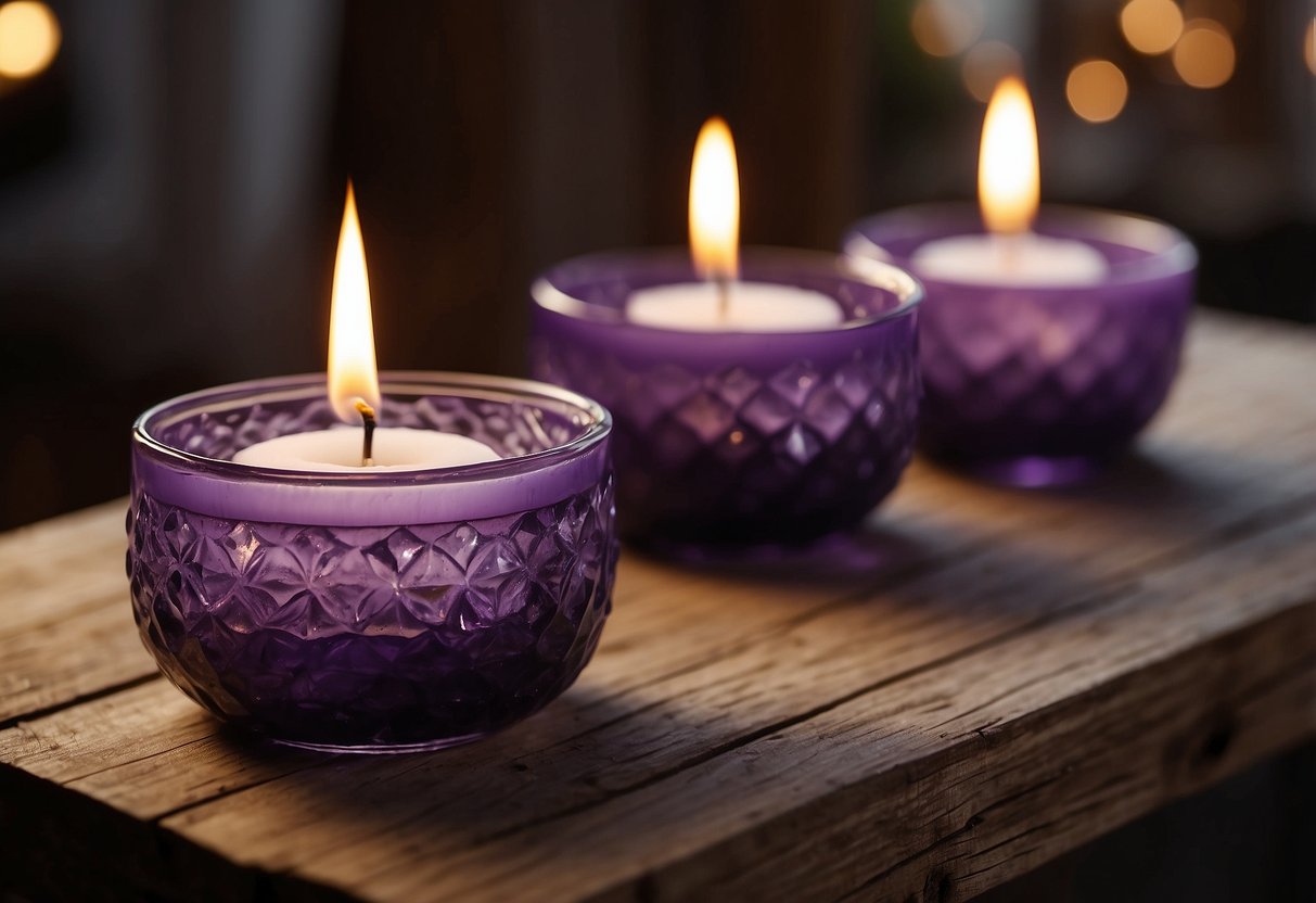 Amethyst candle holders arranged on a rustic wooden table with soft candlelight illuminating the room