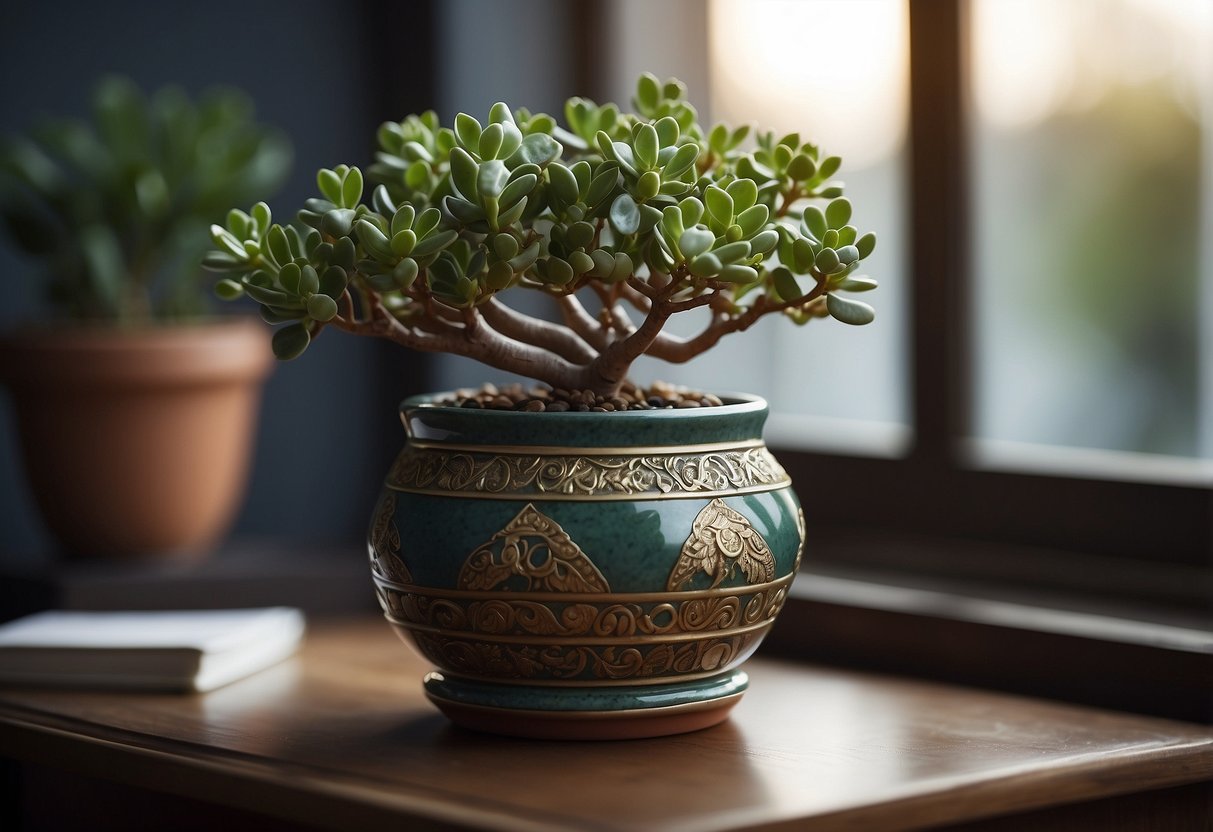 A jade plant sits in a ceramic pot adorned with gemstones, adding a touch of elegance to the home decor