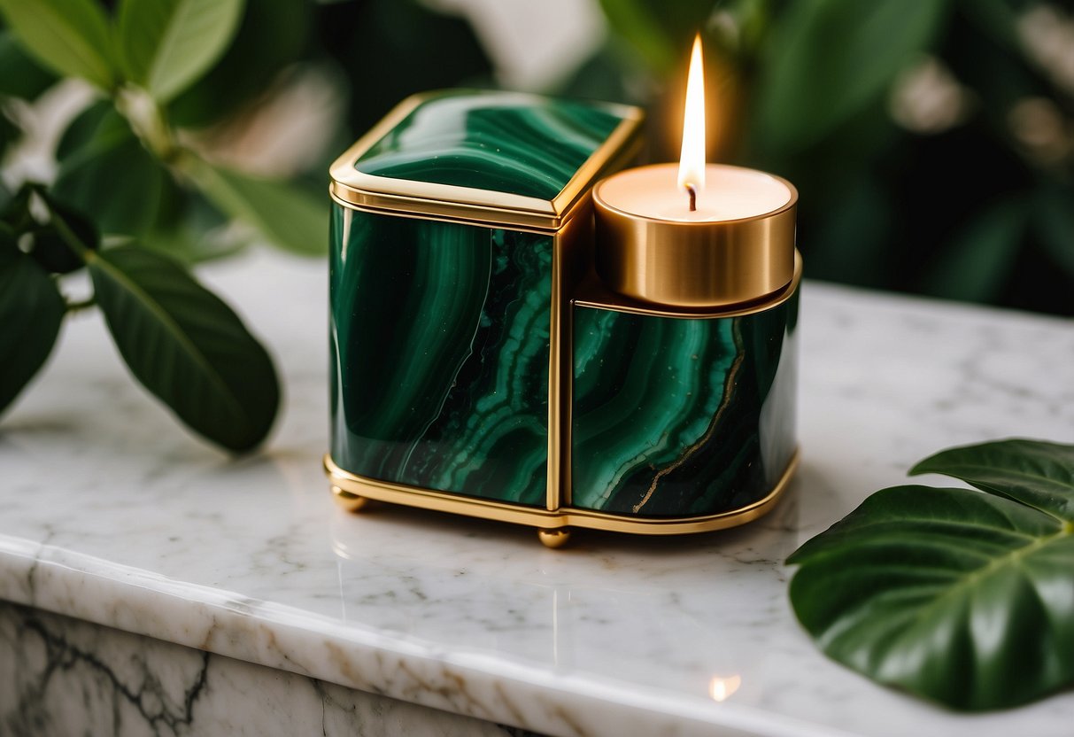 A malachite trinket box sits on a marble table, surrounded by lush green plants and golden candle holders, casting a warm glow