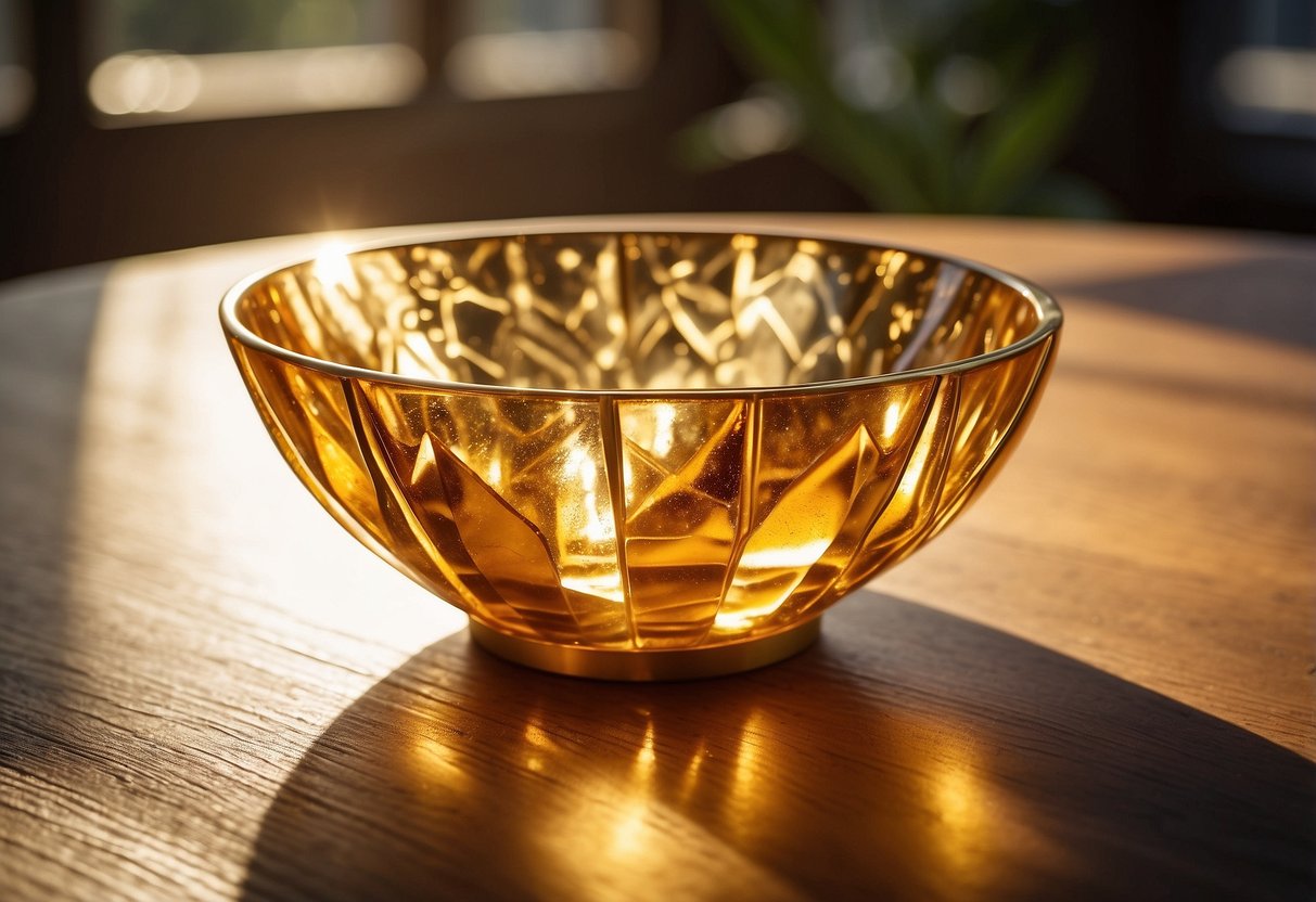 A citrine centerpiece bowl sits on a wooden table, catching the sunlight and casting a warm, golden glow in the room