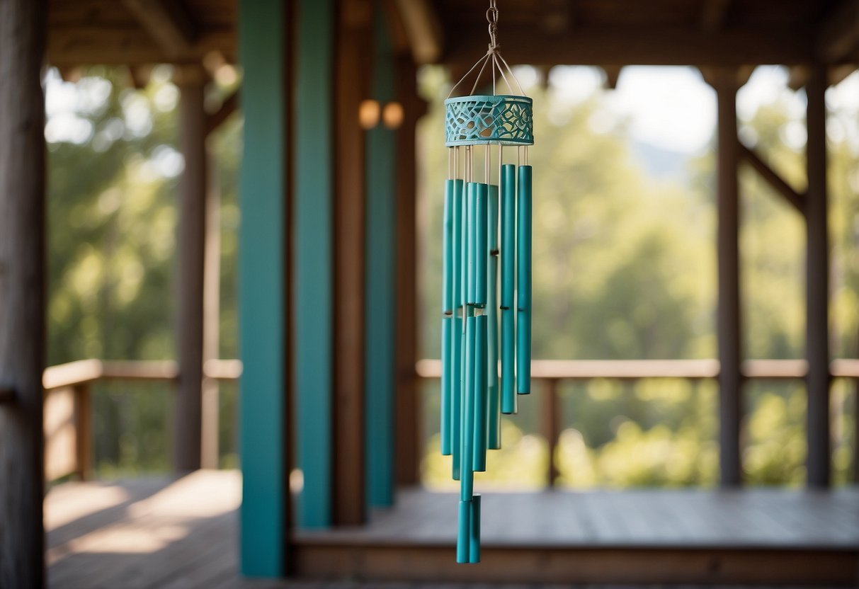 A turquoise wind chime hangs on a rustic wooden porch, catching the sunlight and gently swaying in the breeze