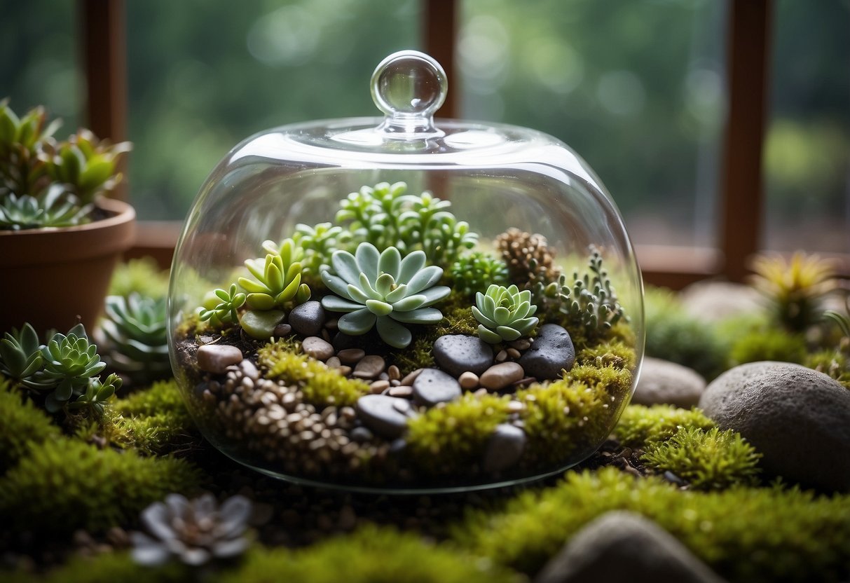 A clear glass terrarium holds smoky quartz crystals, nestled among green moss and tiny succulents, creating a serene and earthy home decor display