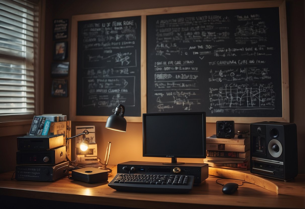 A cozy room with bookshelves, vintage posters, and a desk cluttered with gadgets and notebooks. A retro gaming console sits on the floor, and a chalkboard wall displays complex equations