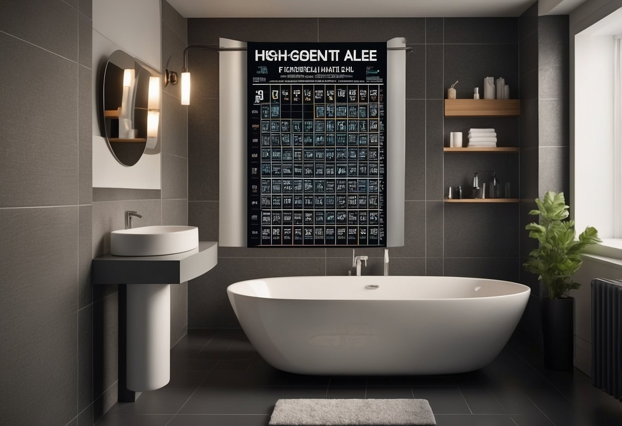 A shower curtain with a periodic table print hangs in a nerdy-chic bathroom, adding a touch of geeky decor to the room