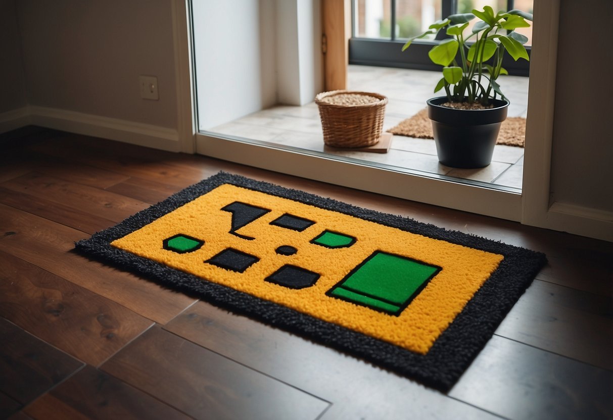 A doormat with Super Mario Bros. theme, placed at the entrance of a nerdy room with geek chic decor