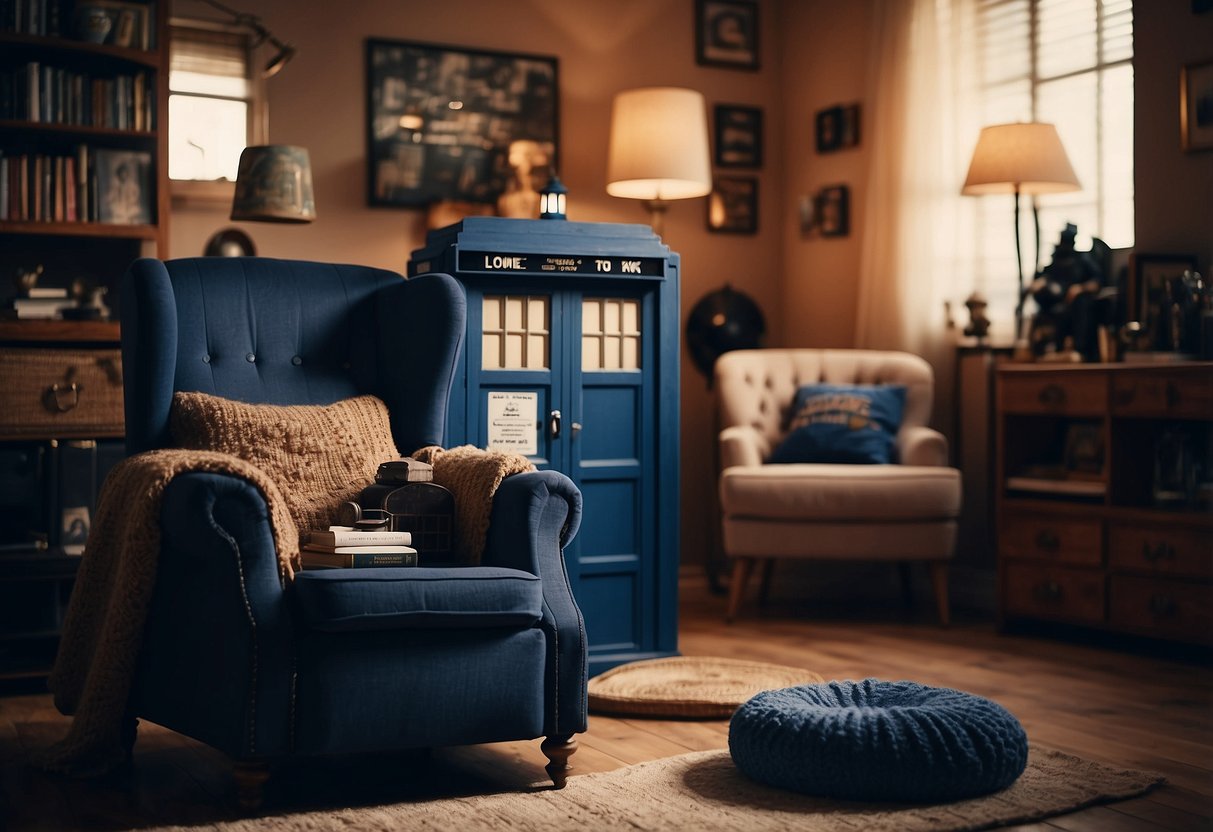 A cozy room with a TARDIS blanket draped over a vintage armchair, surrounded by geeky decor and memorabilia