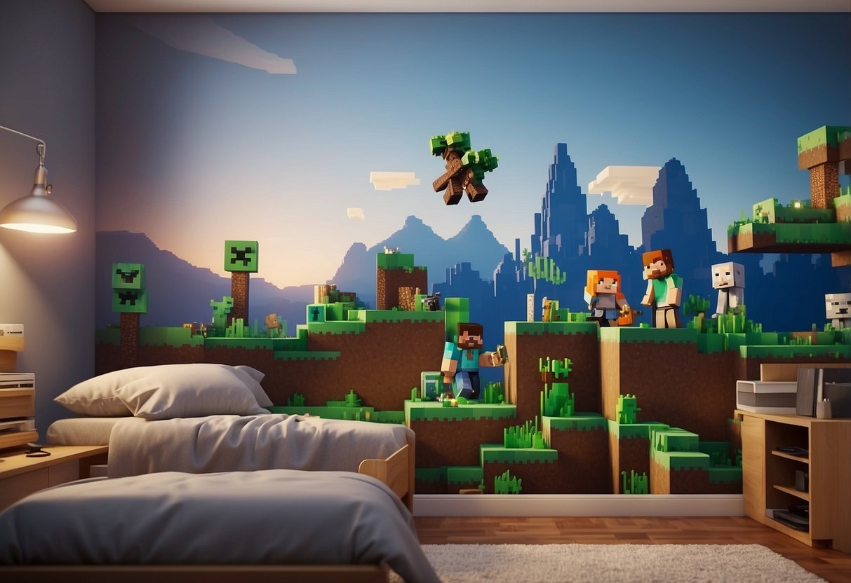 A wall adorned with Minecraft decals, featuring pixelated characters, tools, and landscapes, creating a geeky and chic atmosphere in a nerdy room