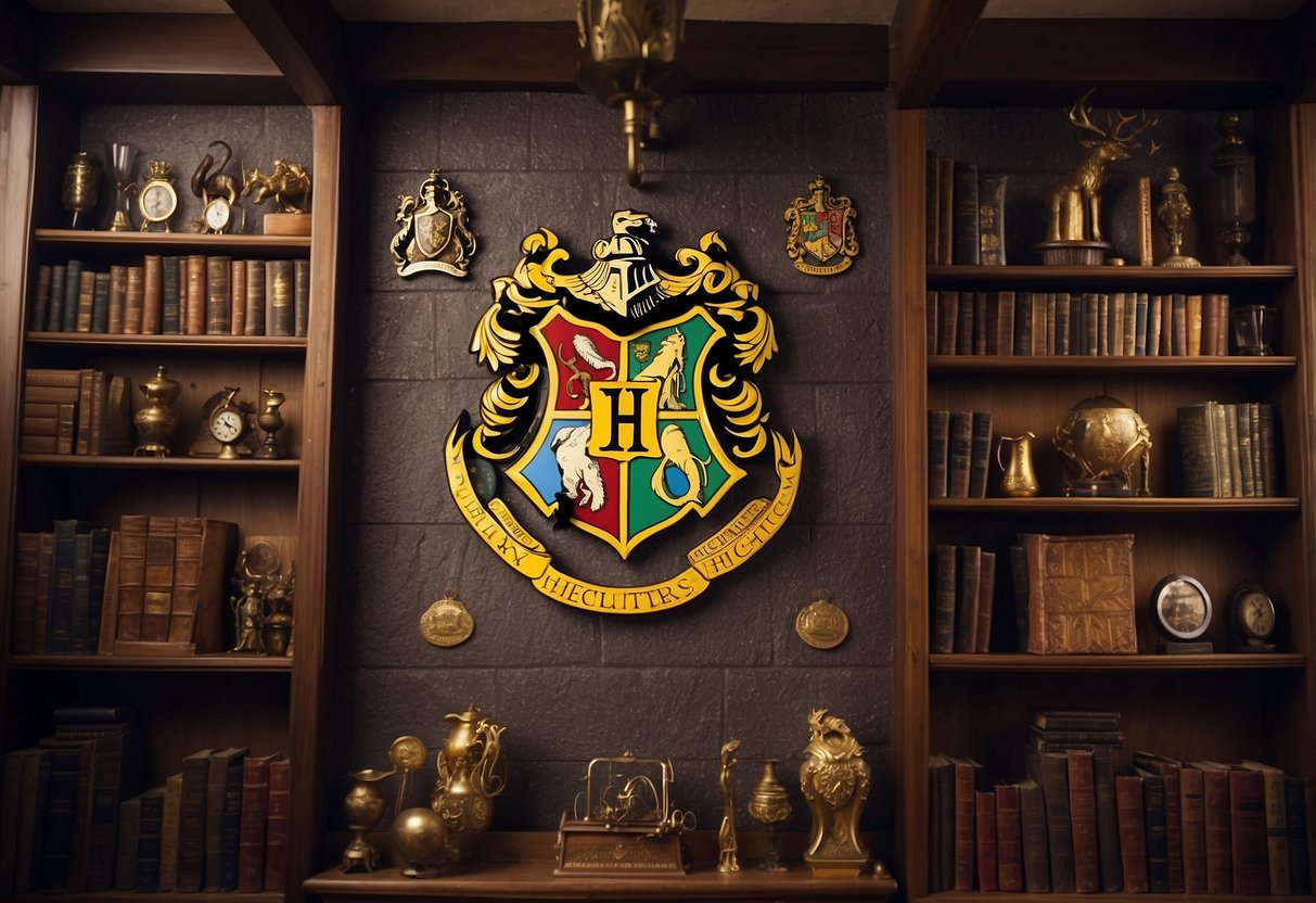 A wall adorned with Harry Potter house crests, surrounded by shelves of geeky collectibles and books, creating a nerdy and chic home decor vibe