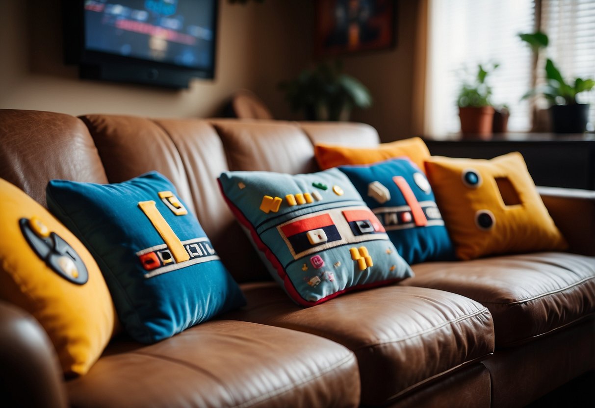 Colorful retro arcade game pillows arranged on a cozy couch in a nerdy room, surrounded by vintage gaming consoles and memorabilia