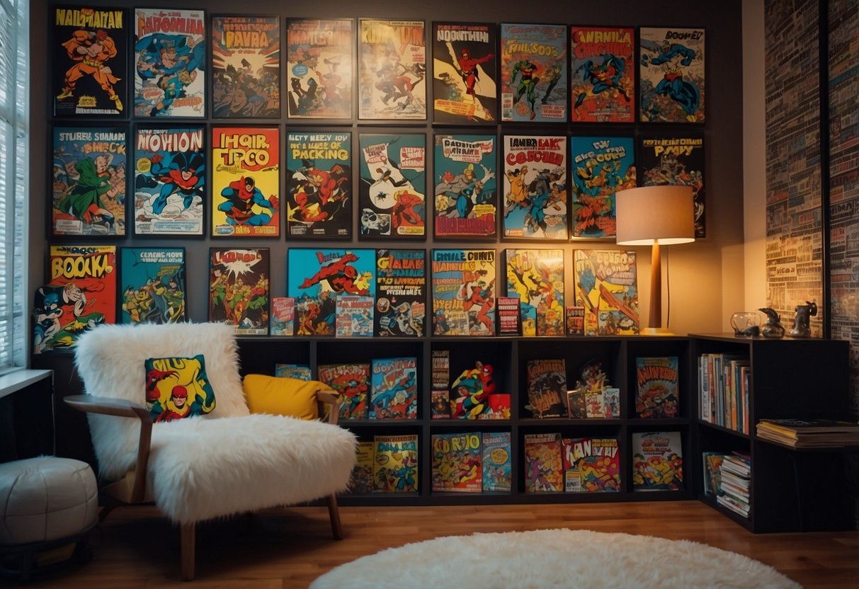 A room with comic book wallpaper, vintage posters, and collectible figures displayed on shelves. A cozy reading nook with a bean bag chair and a stack of comic books