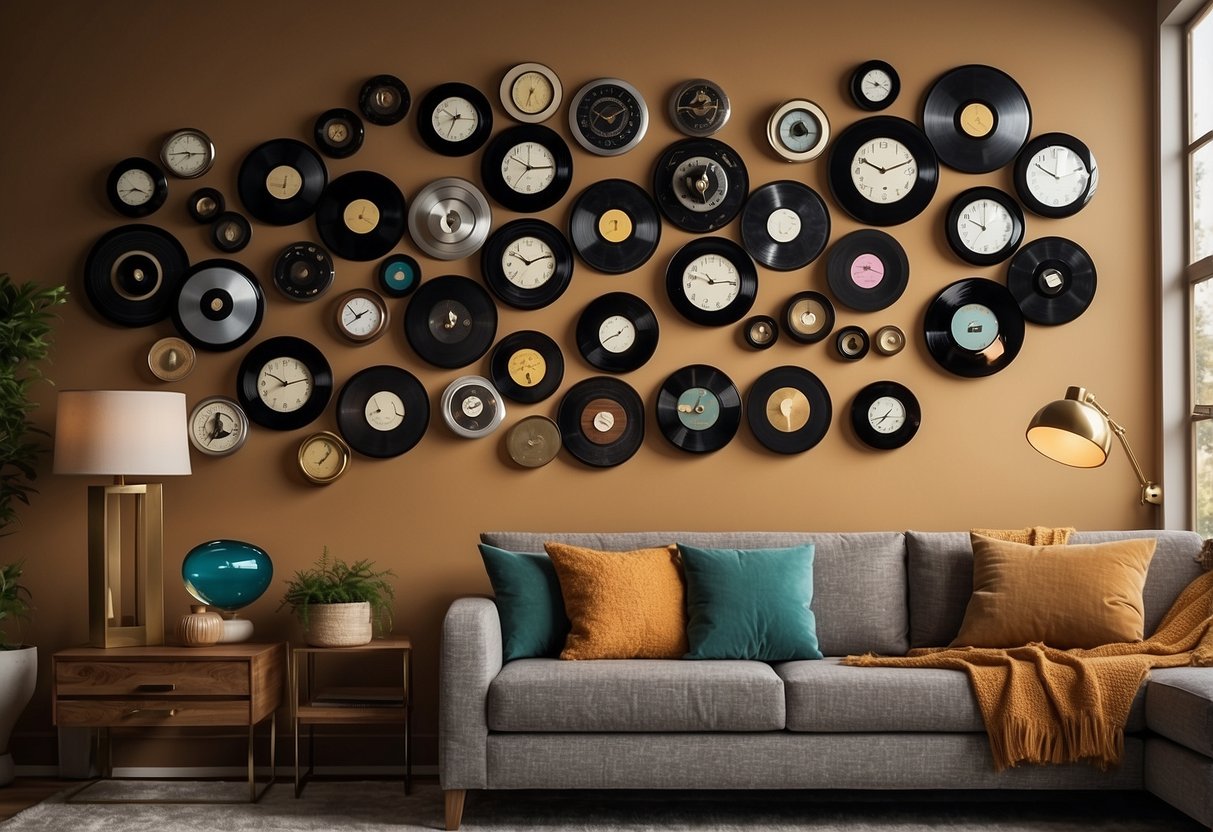 A wall adorned with vintage vinyl record clocks, creating a geek chic and nerdy atmosphere in a home decor setting