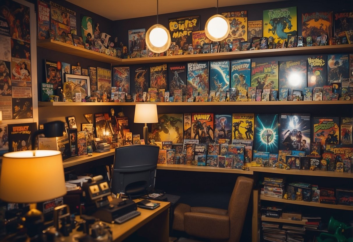 A cluttered room with comic book posters, action figures, and sci-fi memorabilia. A Rick and Morty poster hangs prominently on the wall, surrounded by shelves of collectibles